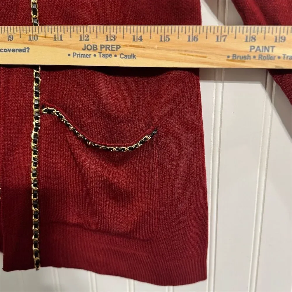 NWT New York & Company Cardigan Sweater XS Red Gold Chain Trim OpenFront Holiday